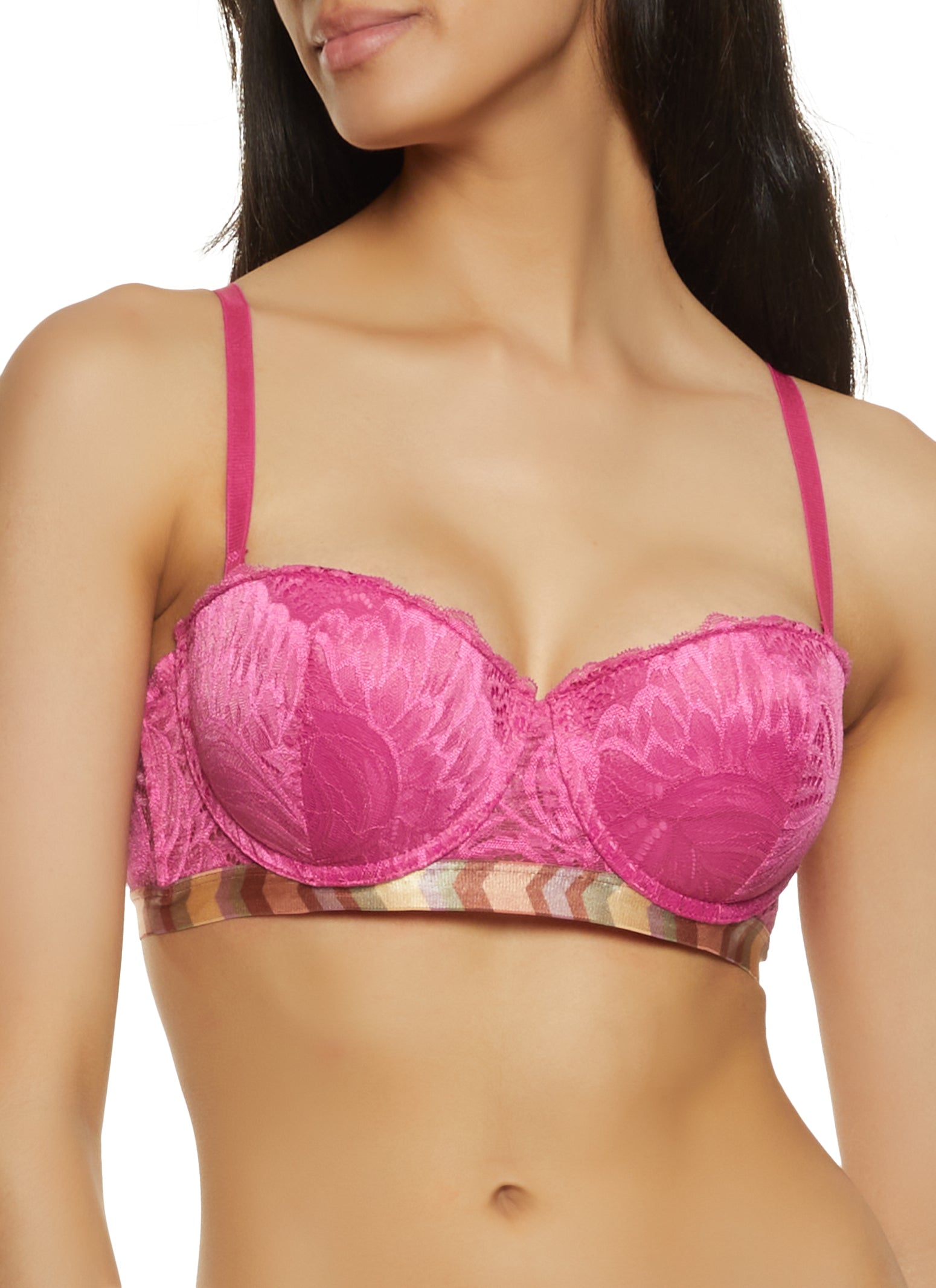Womens Patterned Trim Lace Balconette Bra | Converts to Strapless, Pink, Size 36D