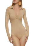 Womens Faux Button Ruched Front Collar Bodysuit, ,