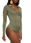 Womens Faux Button Ruched Front Collar Bodysuit, ,