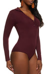 Womens Faux Button Ruched Front Collar Bodysuit, ,