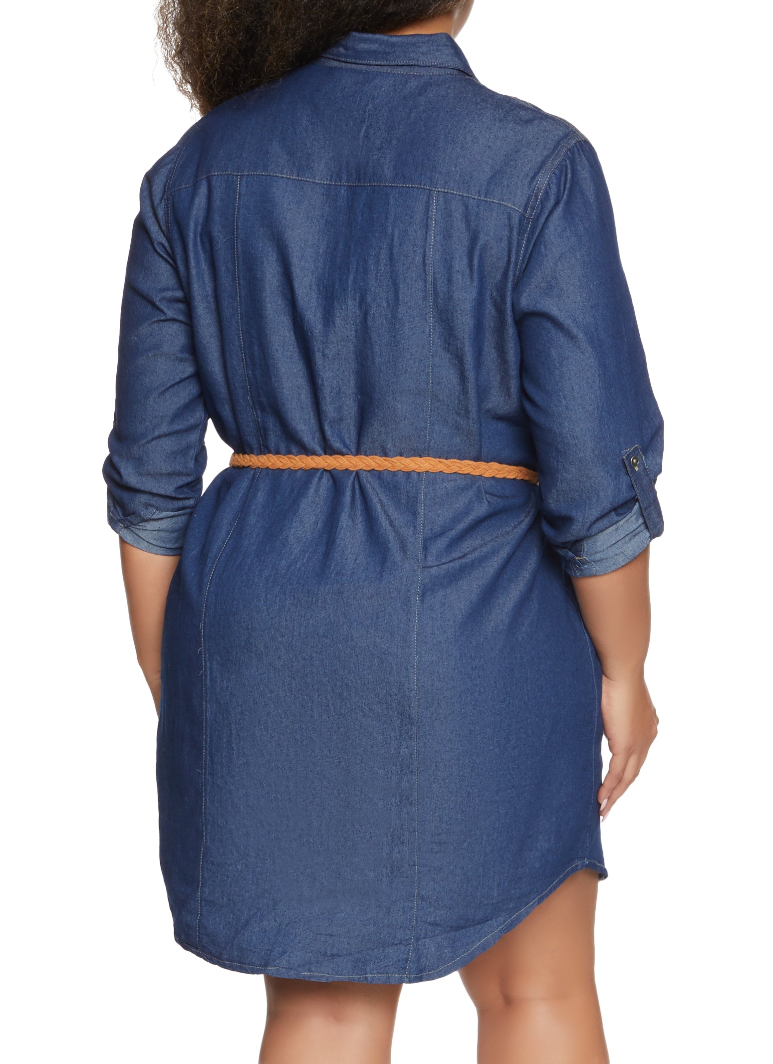 Plus Size Braided Belt Denim Shirt Dress 6677