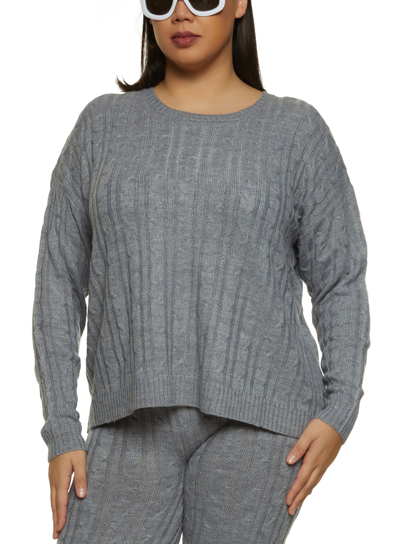 Womens Plus Size Cable Knit Crew Neck Sweater, Grey, Size 2X