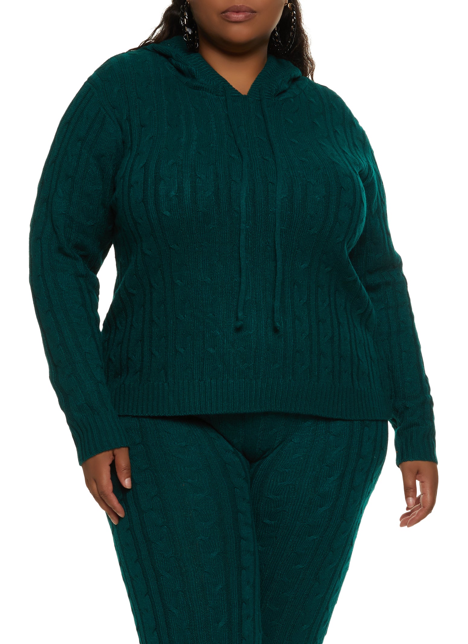 Womens Plus Size Cable Knit Hoodie, Green, Size 1X