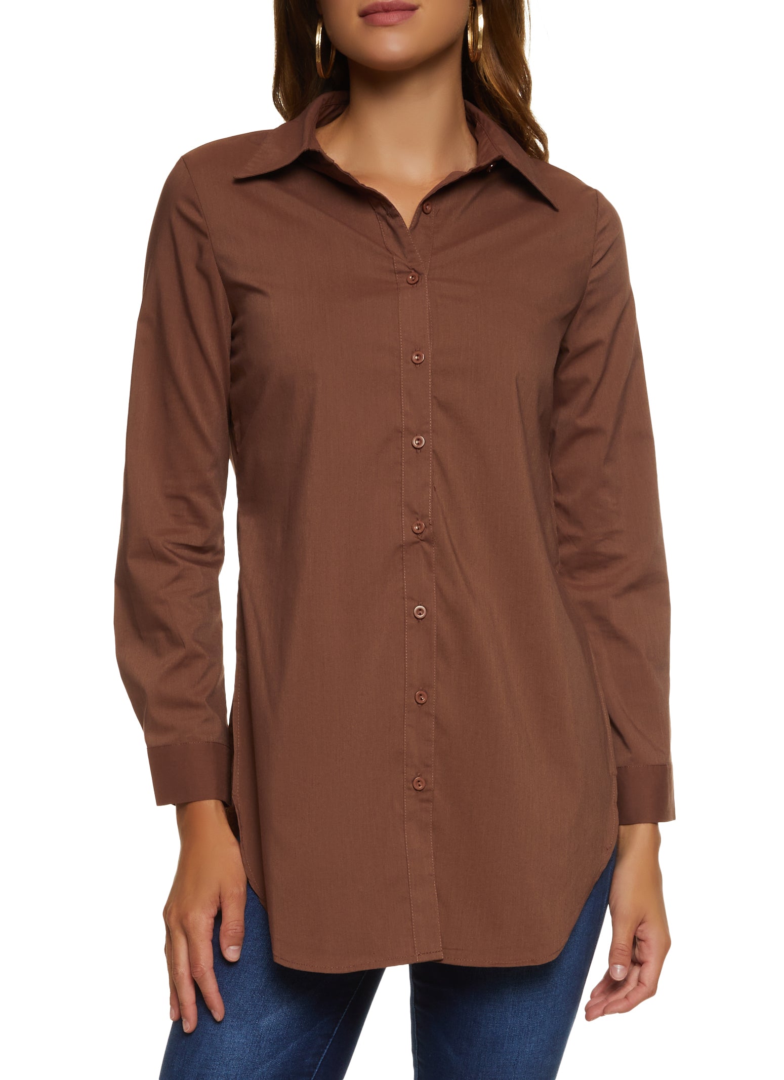 Womens Poplin Button Front Tunic Shirt, Brown, Size S