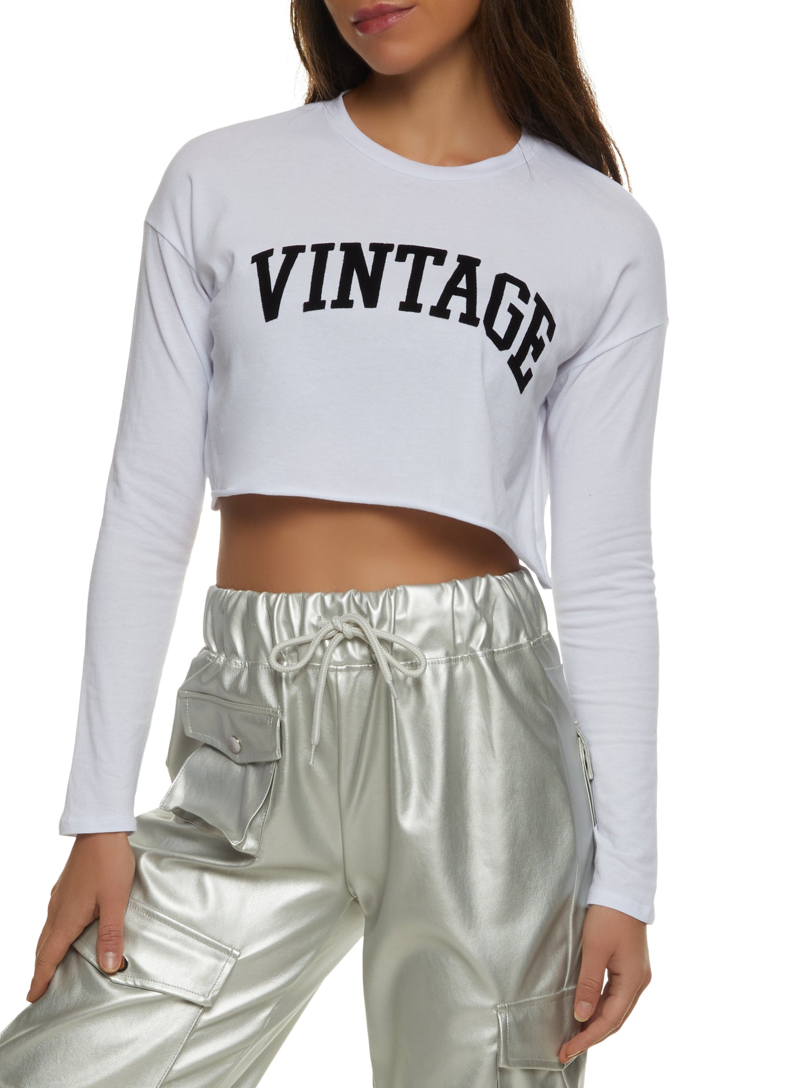 Womens Vintage Cropped Graphic Tee, White, Size M