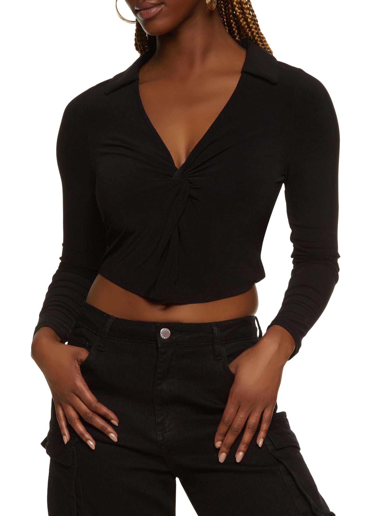 Collared Crop Top - Black - Ladies