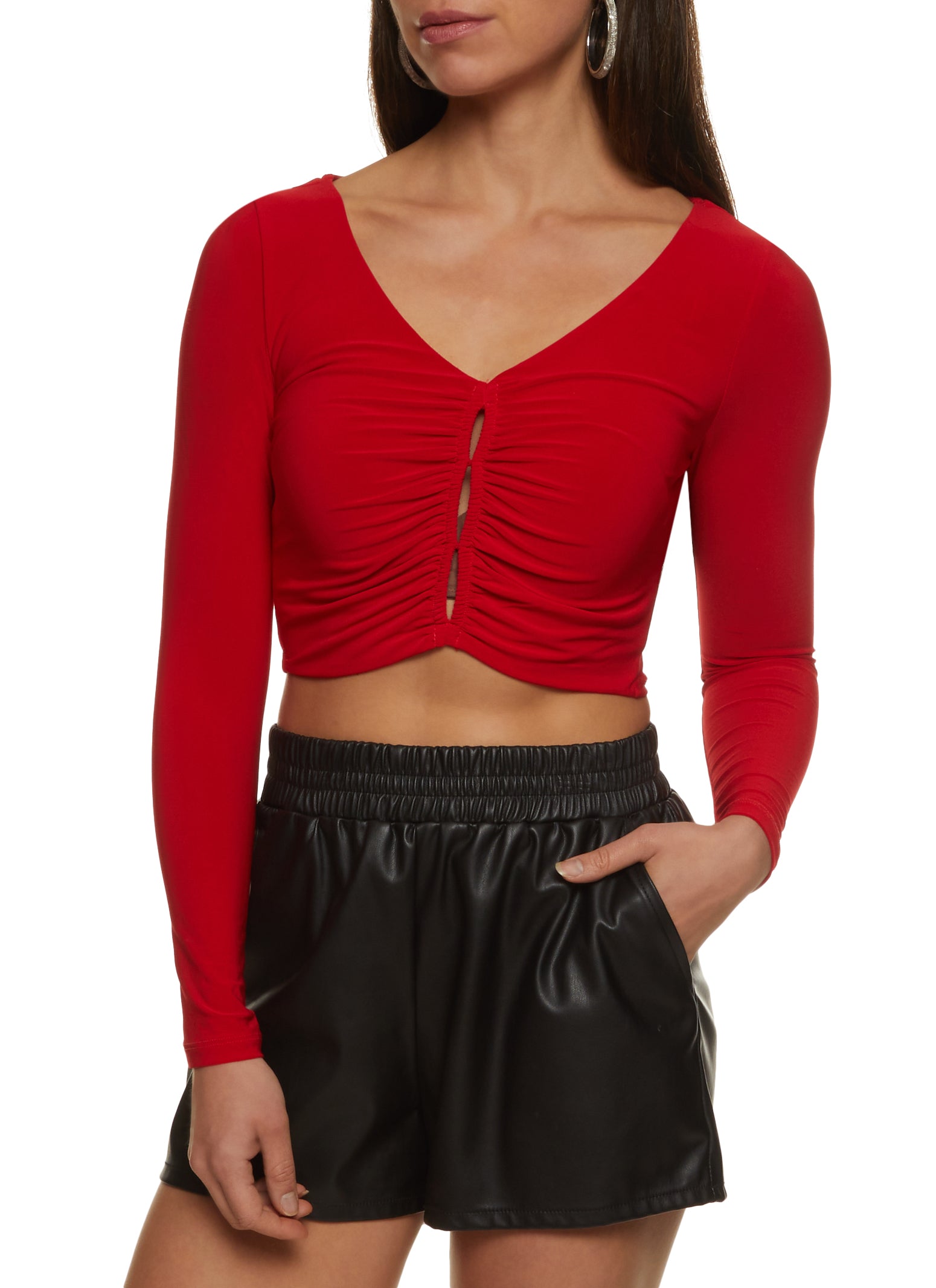 Red Pu Belt Detail Crop Top