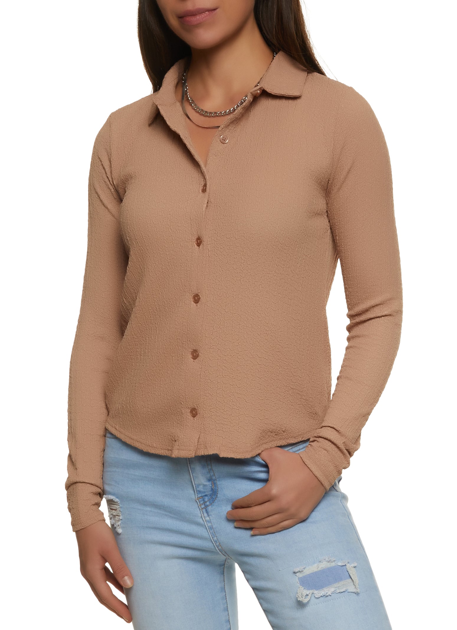 Womens Crepe Knit Button Front Long Sleeve Shirt, Beige, Size L