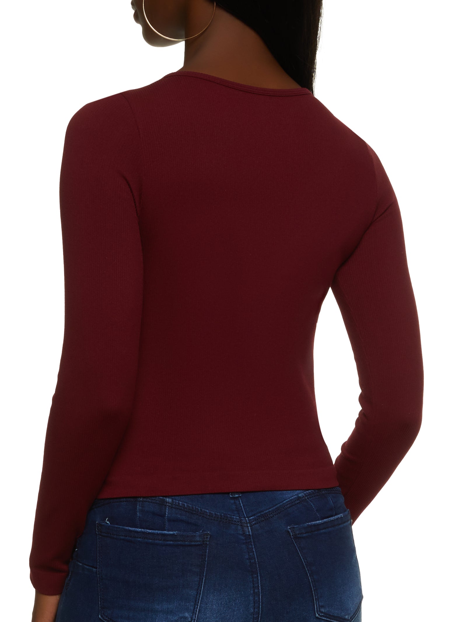 Womens Ribbed Knit Crew Neck Long Sleeve Top, Burgundy, Size M