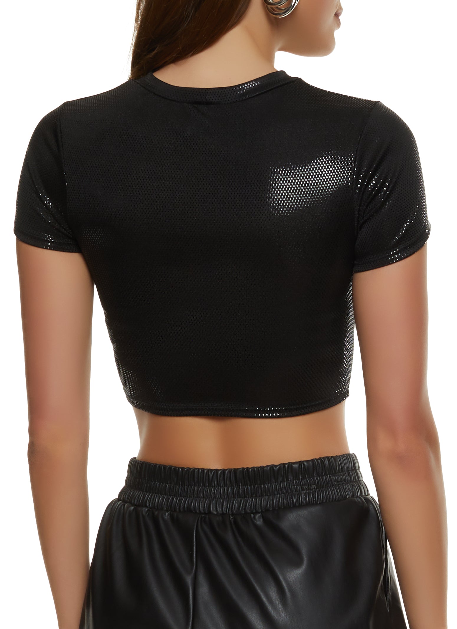 Rhinestone Star Mesh Sleeve Crop Top - Black