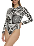 Womens Greek Key Print Long Sleeve Bodysuit, ,