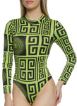 Womens Greek Key Print Long Sleeve Bodysuit, ,