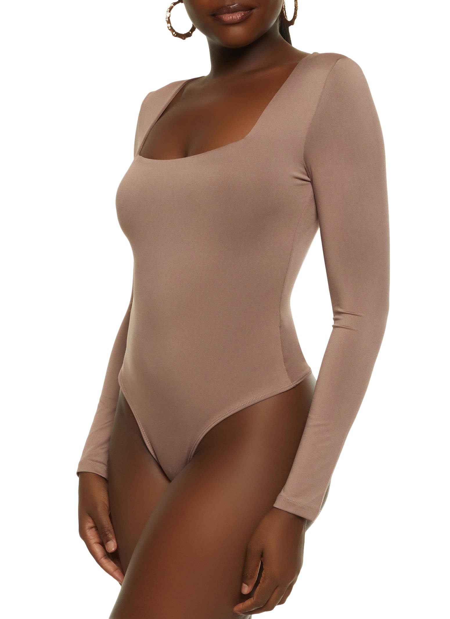 Womens Seamless Double Layered Square Neck Bodysuit, Brown,
