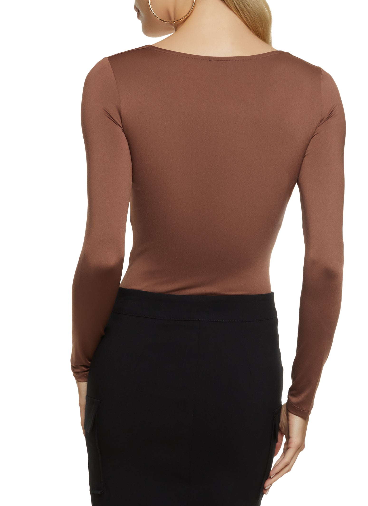 Womens Seamless Double Layered Square Neck Bodysuit, Brown, Size XL