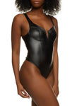 Womens Faux Leather Notch Neck Bustier Bodysuit, ,