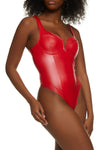 Womens Faux Leather Notch Neck Bustier Bodysuit, ,