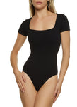 Womens Body Contour Square Neck Short Sleeve Bodysuit, ,