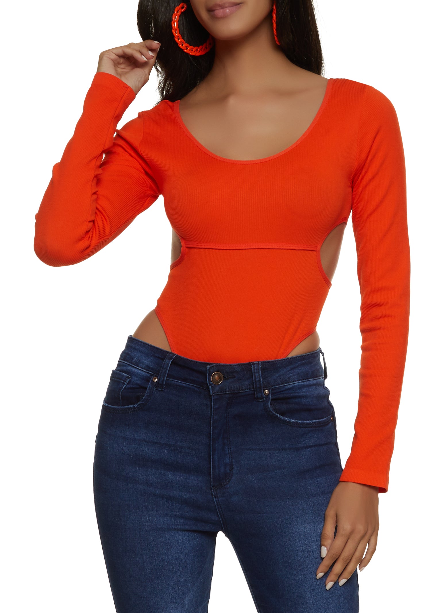 Womens Ribbed Scoop Neck Cut Out Bodysuit,