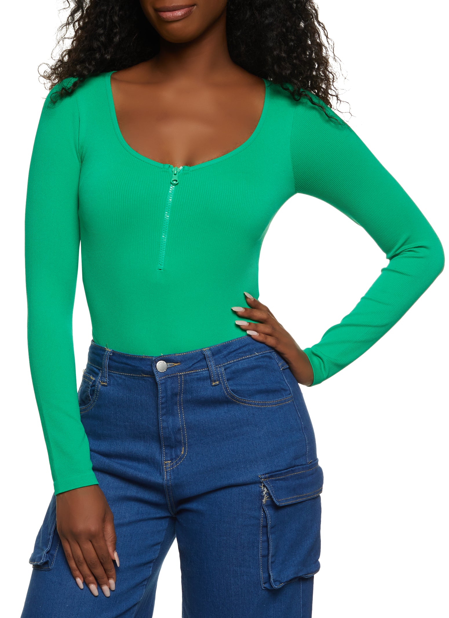 Womens Half Zip Scoop Neck Long Sleeve Bodysuit, Green, Size L