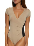 Womens Contrast Stripe Faux Wrap Bodysuit, ,