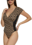 Womens Printed Faux Wrap Short Sleeve Bodysuit, ,
