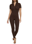 Short Sleeves Sleeves Collared Checkered Print Front Zipper Ribbed Knit Jumpsuit
