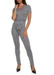 V-neck Belted Geometric Print Tie Waist Waistline Short Sleeves Sleeves Jumpsuit