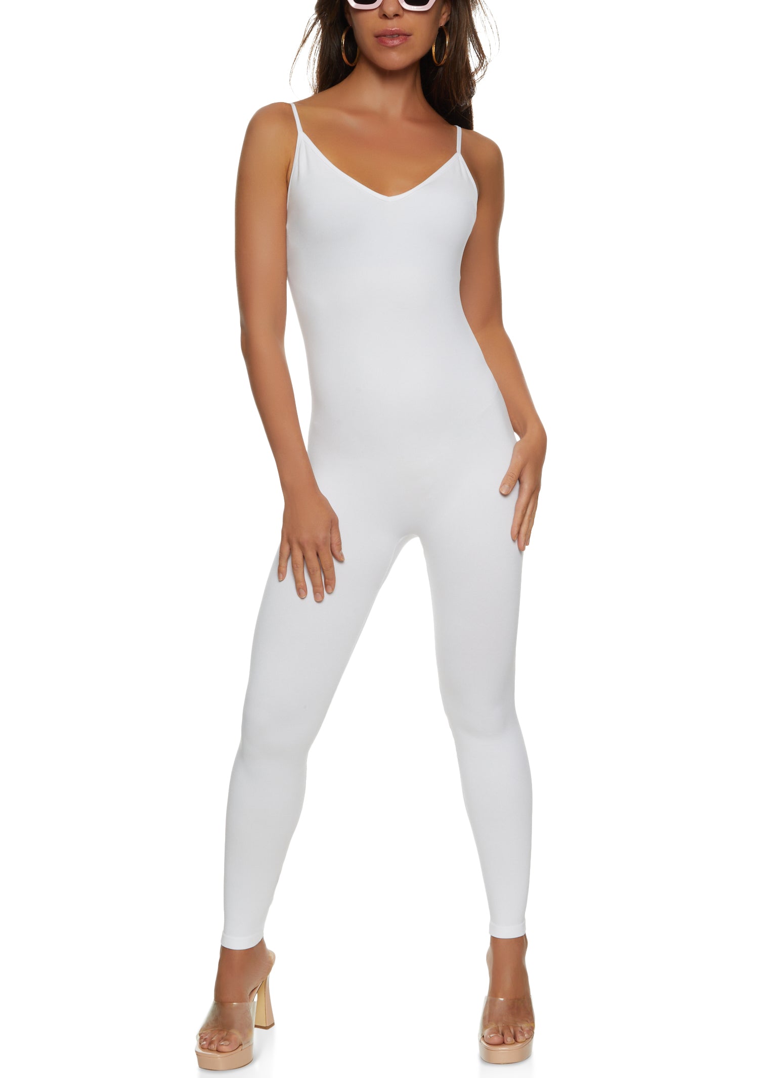 Womens Seamless Ribbed V Neck Cami Catsuit, White,