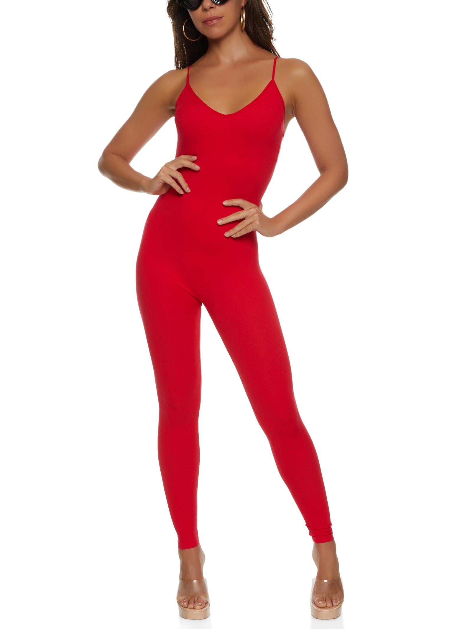 Womens Seamless Ribbed V Neck Cami Catsuit, Red, Size S