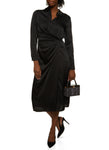 Collared Long Sleeves Faux Wrap Button Front Satin Shirt Midi Dress