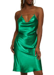 Cowl Neck Satin Sleeveless Spaghetti Strap Midi Dress With Rhinestones