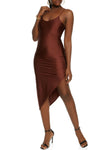 Scoop Neck Spandex Slit Ruched Asymmetric Sleeveless Spaghetti Strap Midi Dress