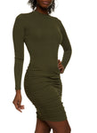 Long Sleeves Ribbed Ruched Knit Mock Neck Shirt Midi Dress