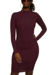 Ribbed Ruched Knit Mock Neck Long Sleeves Shirt Midi Dress