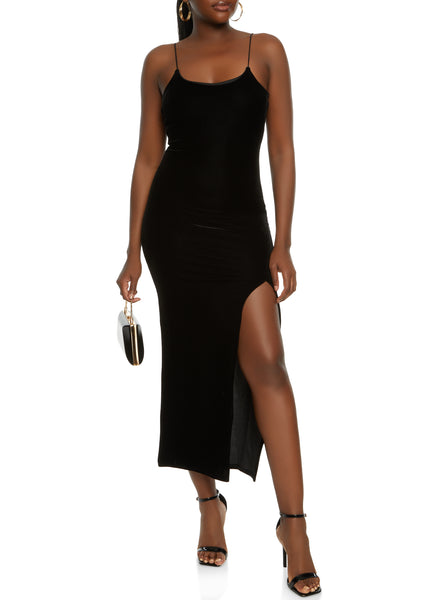 Slit Scoop Neck Sleeveless Spaghetti Strap Velvet Maxi Dress