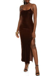 Sleeveless Spaghetti Strap Scoop Neck Slit Velvet Maxi Dress