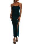 Sleeveless Spaghetti Strap Velvet Scoop Neck Slit Maxi Dress