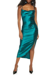 Slit Ruched Cowl Neck Satin Sleeveless Spaghetti Strap Dress