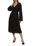 V-neck Bell Long Sleeves Pleated Faux Wrap Midi Dress