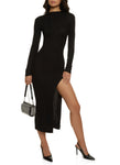 Mock Neck Knit Slit Ribbed Long Sleeves Sweater Bodycon Dress/Maxi Dress