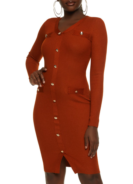 V-neck Long Sleeves Knit Button Front Ribbed Bodycon Dress/Midi Dress