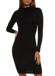 Mock Neck Long Sleeves Ribbed Knit Bodycon Dress/Midi Dress