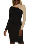 Knit Long Sleeves Mock Neck Ribbed Colorblocking Keyhole Sweater Midi Dress