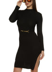 Tall Sweater Long Sleeves Ribbed Belted Slit Tie Waist Waistline Mock Neck Midi Dress