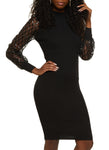 Mesh Sequined Ribbed Knit Long Sleeves Sweater Midi Dress