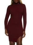 Ribbed Knit Sweater Long Sleeves Mock Neck Midi Dress With Rhinestones