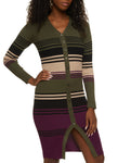 V-neck Sweater Knit Striped Print Ribbed Button Front Long Sleeves Midi Dress