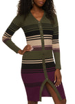 V-neck Knit Striped Print Long Sleeves Button Front Ribbed Sweater Midi Dress