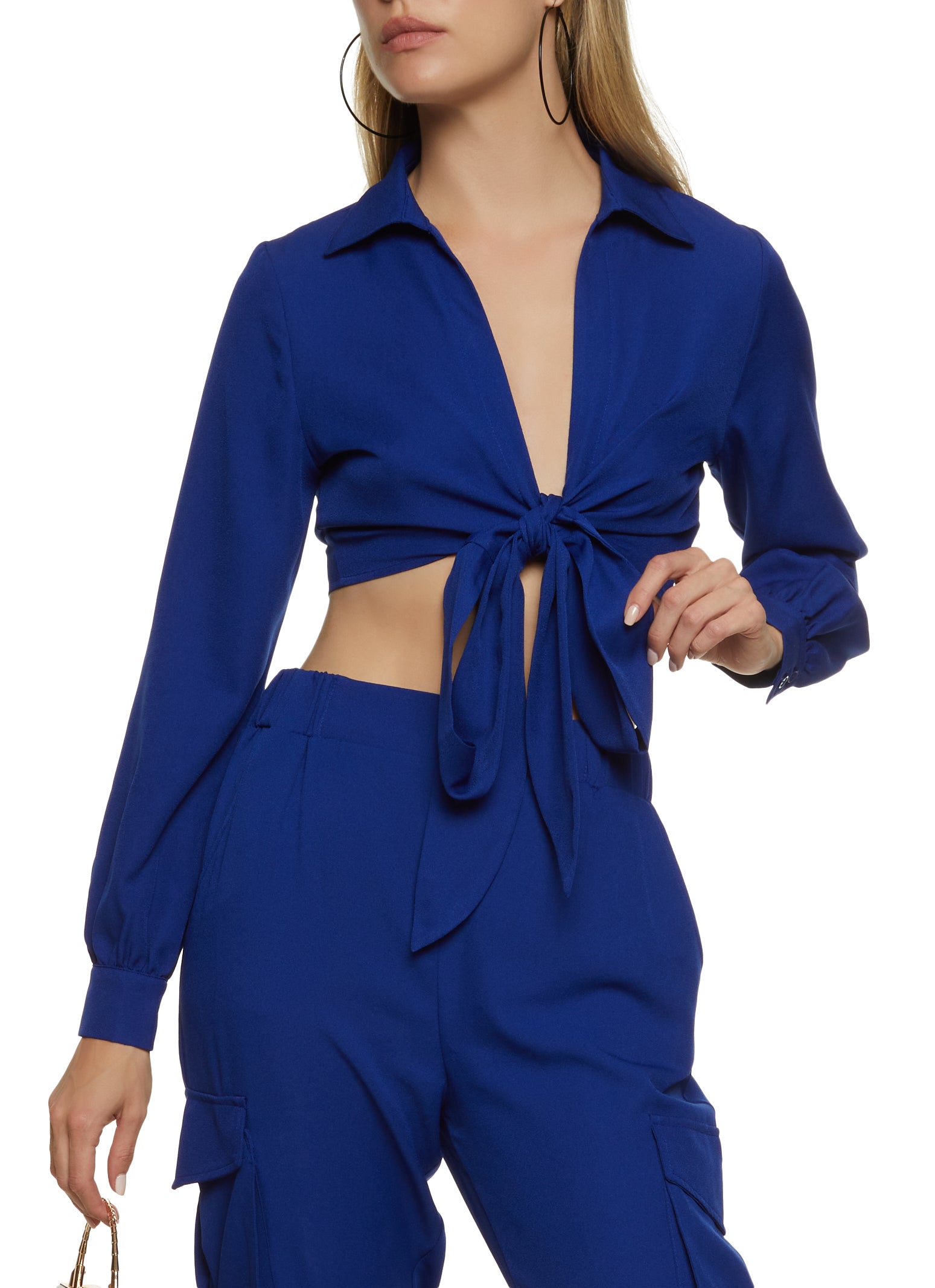 Womens Crepe Knit Tie Front Crop Top, Blue, Size L