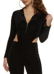 Womens Velvet Burnout Half Zip High Cut Bodysuit, ,